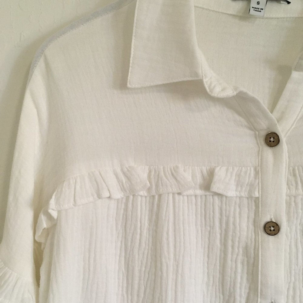 Women's White Button Down Shirt with Ruffle Detail - Picture 6 of 12